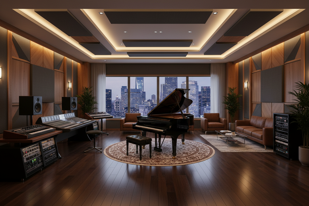 Expensive studio room with musical equipment and piano